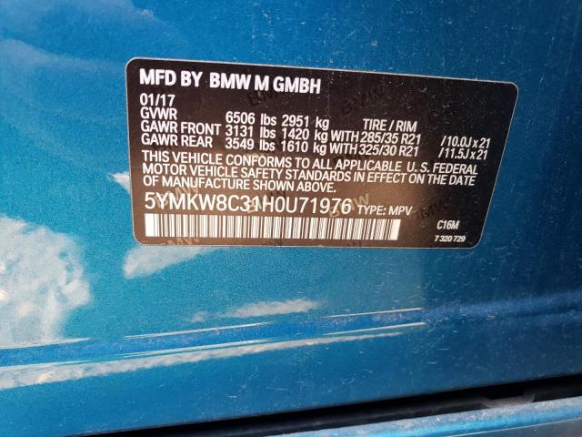 5YMKW8C31H0U71976 - 2017 BMW X6 M BLUE photo 12