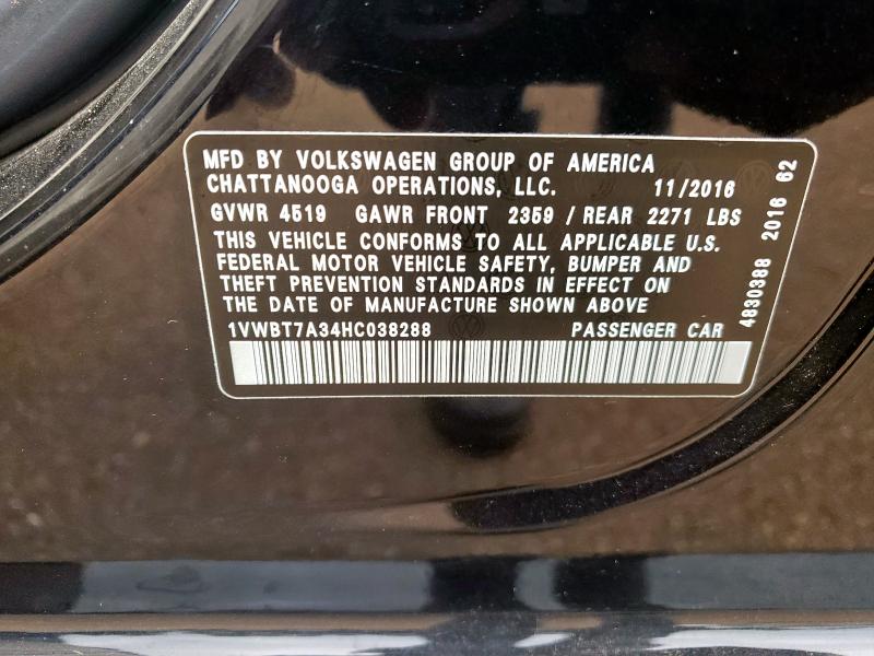 1VWBT7A34HC038288 - 2017 VOLKSWAGEN PASSAT SE BLACK photo 12