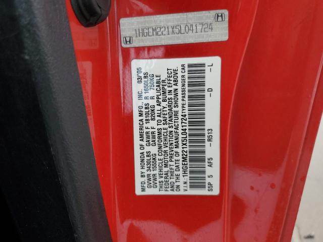 1HGEM221X5L041724 - 2005 HONDA CIVIC DX VP Rot Foto 12