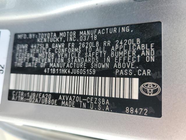 4T1B11HK4JU605159 - 2018 TOYOTA CAMRY L SILVER photo 12