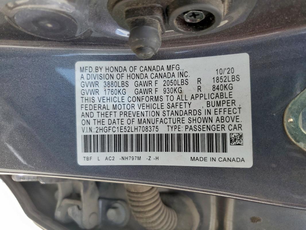 2HGFC1E52LH708375 - 2020 HONDA CIVIC SI GRAY photo 12