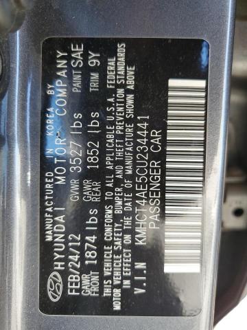 KMHCT4AE5CU234441 - 2012 HYUNDAI ACCENT GLS ნაცრისფერი ფოტო 12