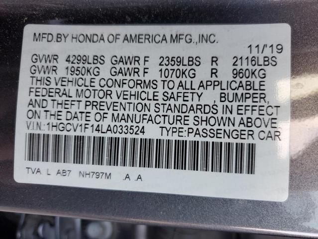 1HGCV1F14LA033524 - 2020 HONDA ACCORD LX GRAY photo 12