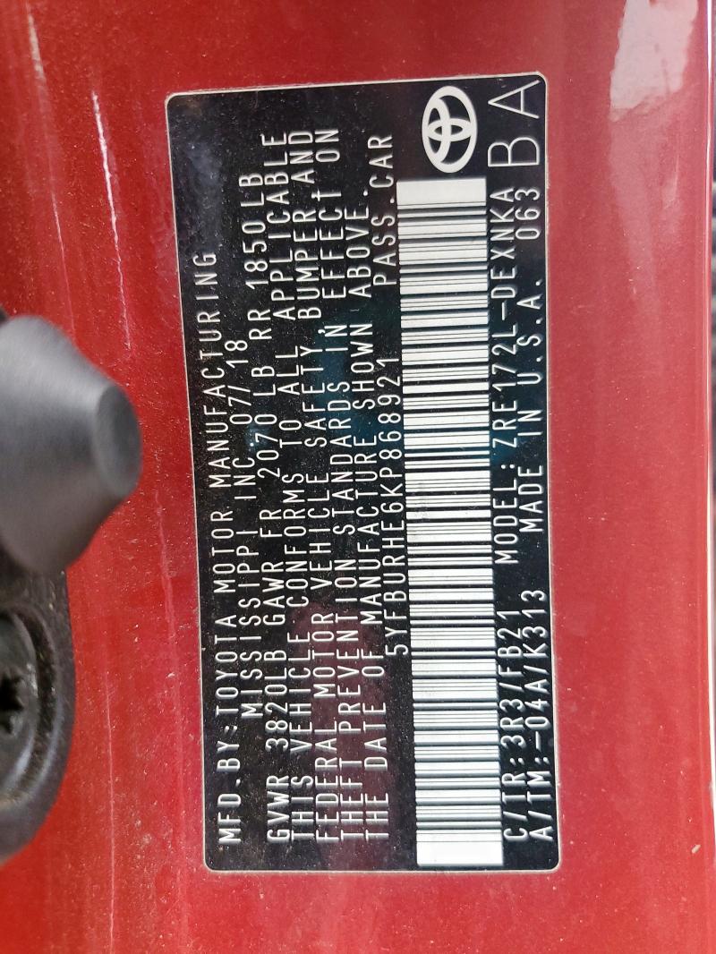 5YFBURHE6KP868921 - 2019 TOYOTA COROLLA L 红色 照片 12