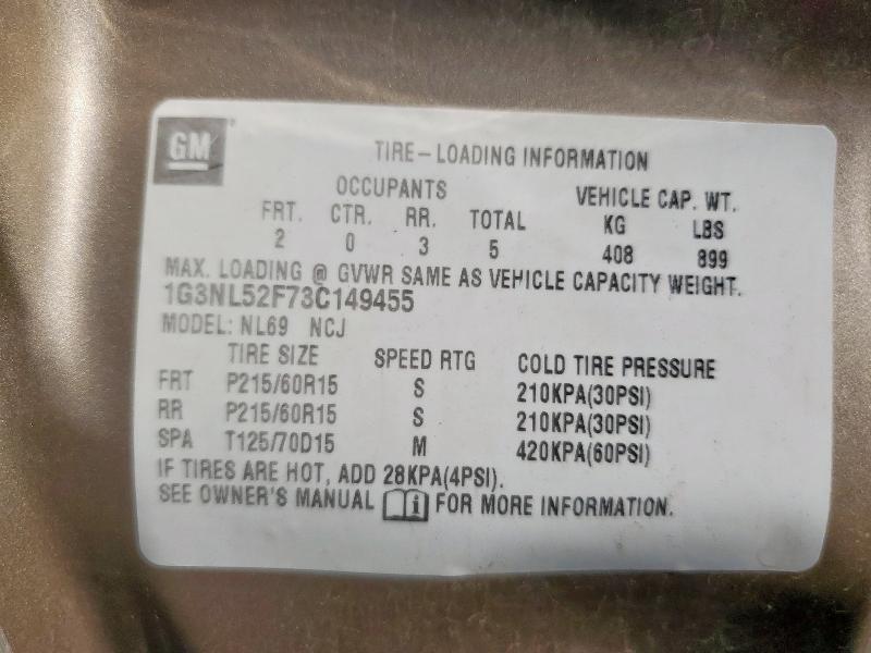 1G3NL52F73C149455 - 2003 OLDSMOBILE ALERO GL TAN photo 12