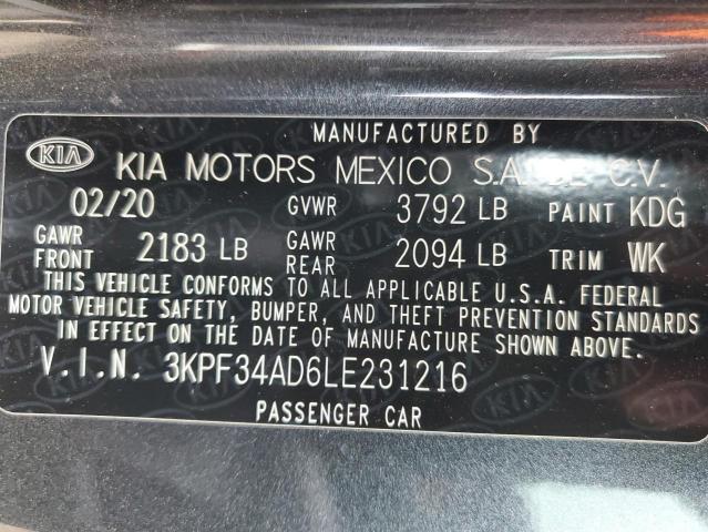 3KPF34AD6LE231216 - 2020 KIA FORTE GT LINE GRAY photo 12