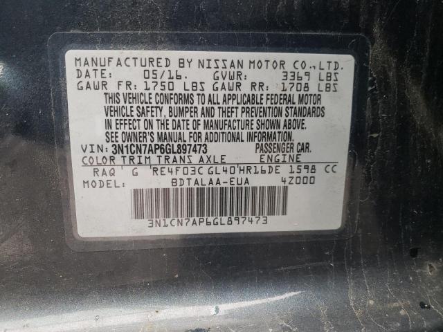 3N1CN7AP6GL897473 - 2016 NISSAN VERSA S BLUE photo 13