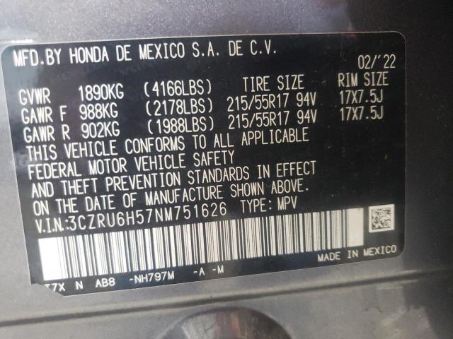 3CZRU6H57NM751626 - 2022 HONDA HR-V EX GRAY photo 13