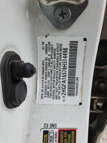2HGFA16578H514498 - 2008 HONDA CIVIC LX WHITE photo 12