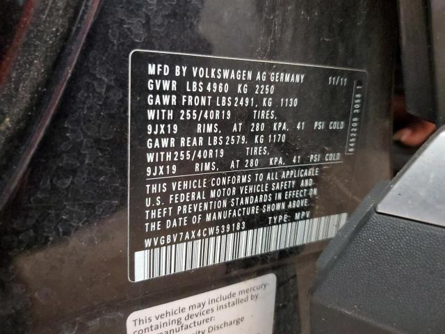 WVGBV7AX4CW539183 - 2012 VOLKSWAGEN TIGUAN S შავი ფოტო 13