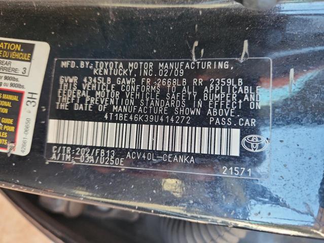 4T1BE46K39U414272 - 2009 TOYOTA CAMRY BASE შავი ფოტო 12