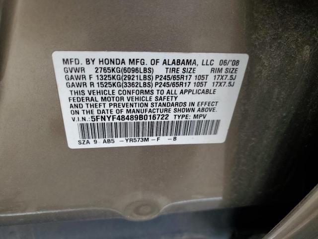 5FNYF48489B016722 - 2009 HONDA PILOT EX თაფლისფერი ფოტო 13