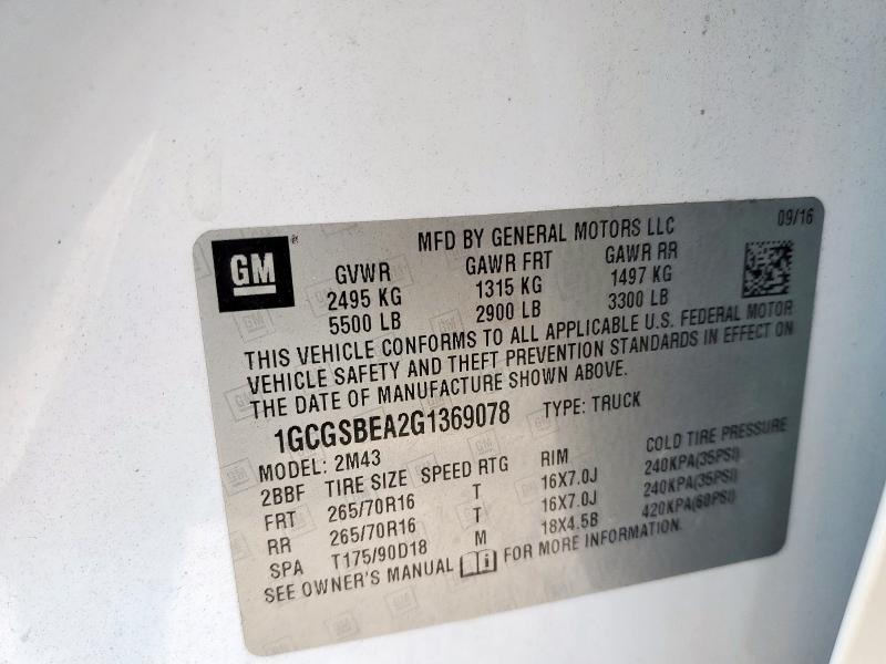 1GCGSBEA2G1369078 - 2016 CHEVROLET COLORADO WHITE photo 12