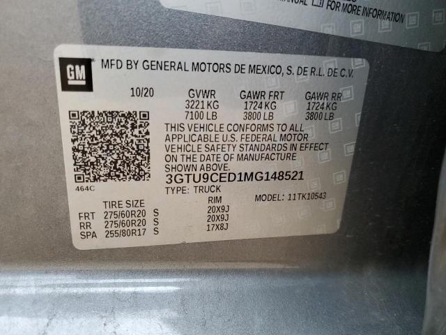 3GTU9CED1MG148521 - 2021 GMC SIERRA K1500 ELEVATION GRAY photo 12