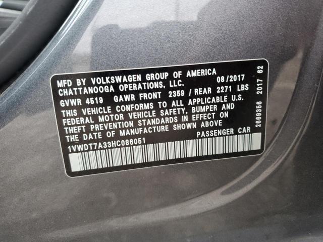 1VWDT7A33HC086051 - 2017 VOLKSWAGEN PASSAT R-LINE Մոխրագույն լուսանկար 12