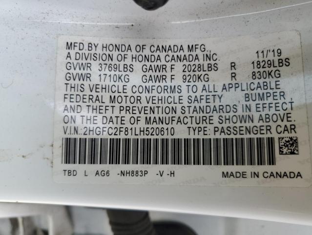 2HGFC2F81LH520610 - 2020 HONDA CIVIC SPORT 白色 照片 12