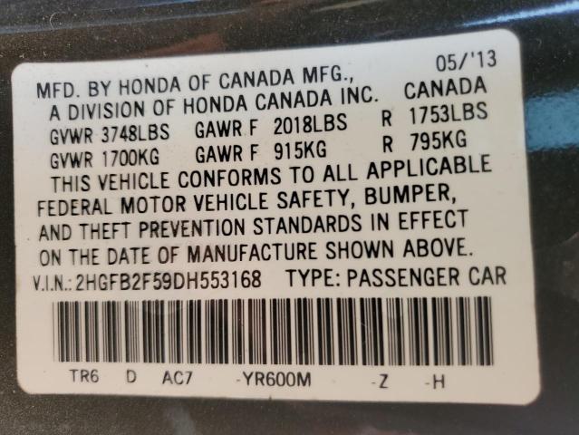 2HGFB2F59DH553168 - 2013 HONDA CIVIC LX შავი ფოტო 13