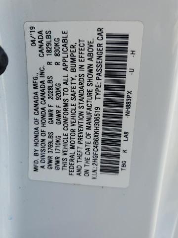 2HGFC4B6XKH306519 - 2019 HONDA CIVIC LX WHITE photo 12