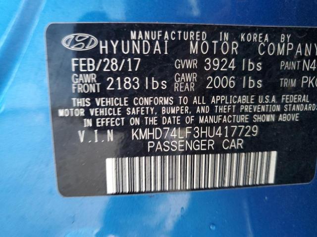 KMHD74LF3HU417729 - 2017 HYUNDAI ELANTRA SE BLUE photo 13