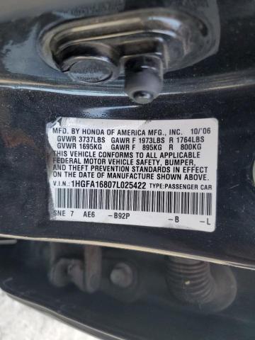 1HGFA16807L025422 - 2007 HONDA CIVIC EX BLACK photo 12