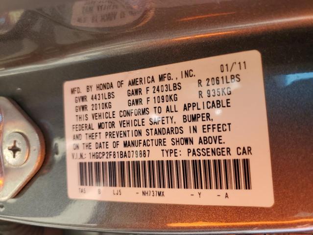 1HGCP2F81BA079887 - 2011 HONDA ACCORD EXL GRAY photo 13