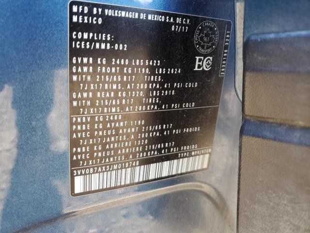 3VV0B7AX3JM018748 - 2018 VOLKSWAGEN TIGUAN S Mavi fotoğraf 13