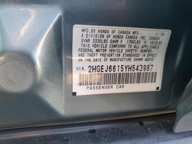 2HGEJ6615YH543987 - 2000 HONDA CIVIC BASE Türkis Foto 12