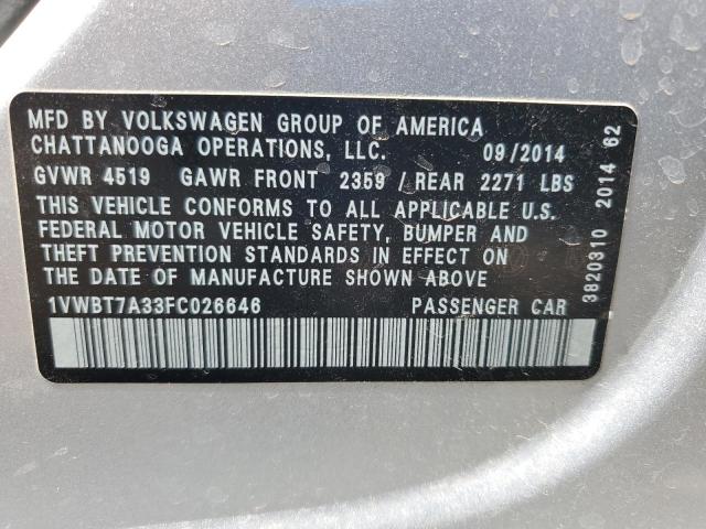 1VWBT7A33FC026646 - 2015 VOLKSWAGEN PASSAT SE SILVER photo 12