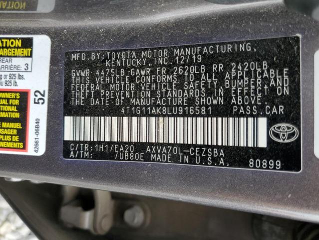 4T1G11AK8LU916581 - 2020 TOYOTA CAMRY SE GRAY photo 12