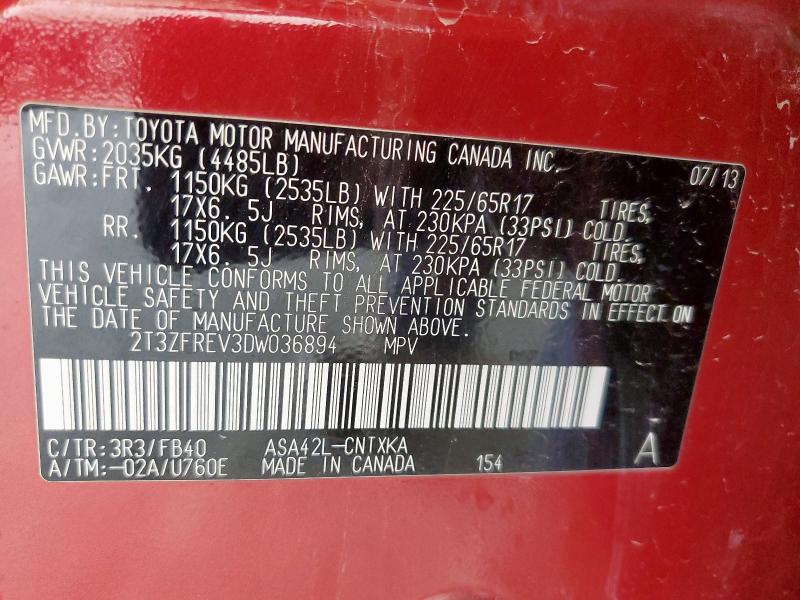 2T3ZFREV3DW036894 - 2013 TOYOTA RAV4 LE RED photo 13