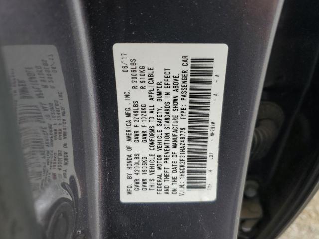 1HGCR2F31HA248779 - 2017 HONDA ACCORD LX GRAY photo 12