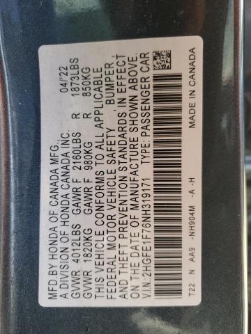 2HGFE1F76NH319171 - 2022 HONDA CIVIC EX GRAY photo 12