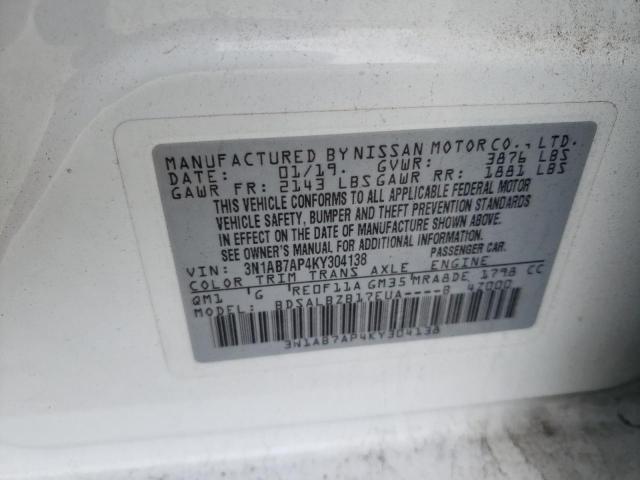 3N1AB7AP4KY304138 - 2019 NISSAN SENTRA S WHITE photo 12