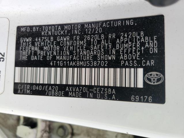 4T1G11AK8MU538702 - 2021 TOYOTA CAMRY SE WHITE photo 12