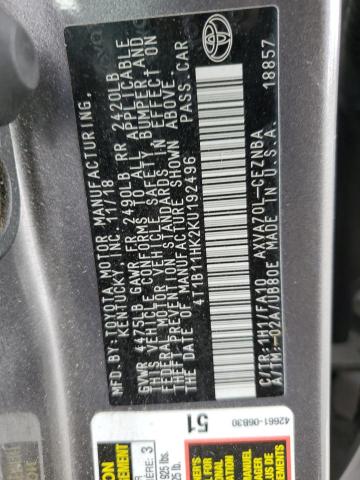 4T1B11HK2KU192496 - 2019 TOYOTA CAMRY L Сұр фото 12