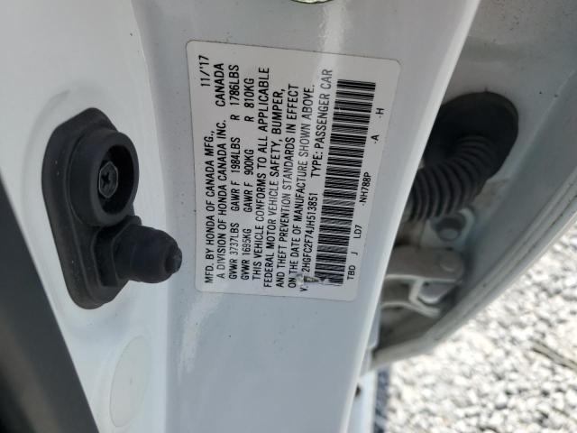 2HGFC2F74JH513851 - 2018 HONDA CIVIC EX Սպիտակ լուսանկար 12