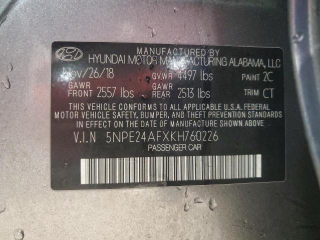 5NPE24AFXKH760226 - 2019 HYUNDAI SONATA SE GRAY photo 12