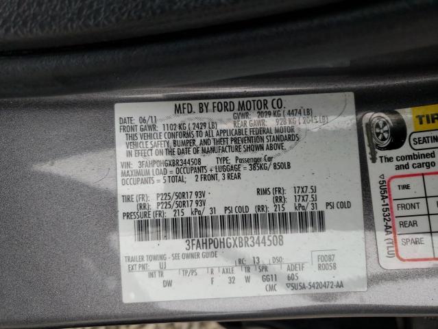 3FAHP0HGXBR344508 - 2011 FORD FUSION SE GRAY photo 12