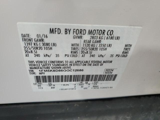 1FM5K8D86GGC12686 - 2016 FORD EXPLORER XLT WHITE photo 13