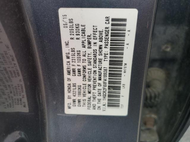 1HGCR2F8XFA199087 - 2015 HONDA ACCORD EXL GRAY photo 12