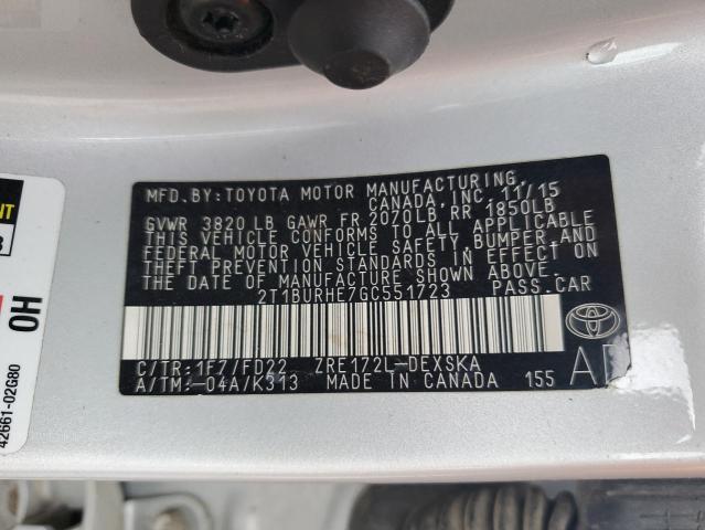 2T1BURHE7GC551723 - 2016 TOYOTA COROLLA L SILVER photo 12