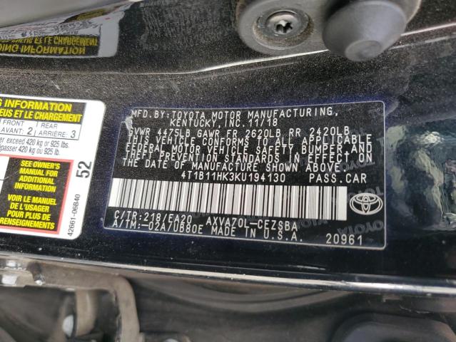 4T1B11HK3KU194130 - 2019 TOYOTA CAMRY L Czarny zdjęcie 12