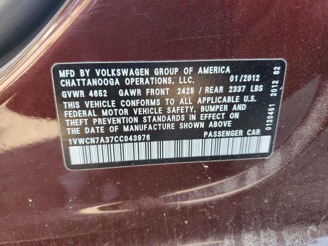1VWCN7A37CC043976 - 2012 VOLKSWAGEN PASSAT SEL MAROON photo 12