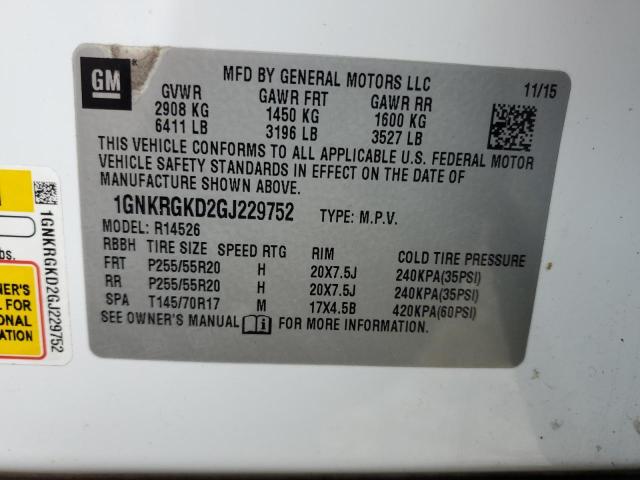 1GNKRGKD2GJ229752 - 2016 CHEVROLET TRAVERSE LT WHITE photo 12