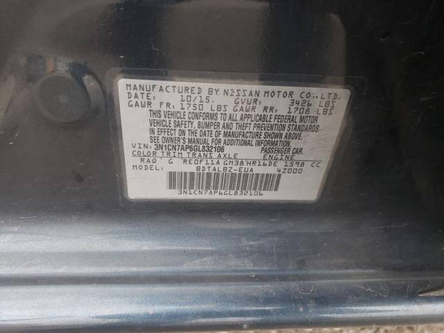 3N1CN7AP6GL832106 - 2016 NISSAN VERSA S Синий фото 12