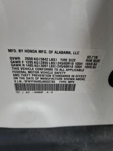 5FNYF6H85JB032783 - 2018 HONDA PILOT EXL Weiß Foto 13
