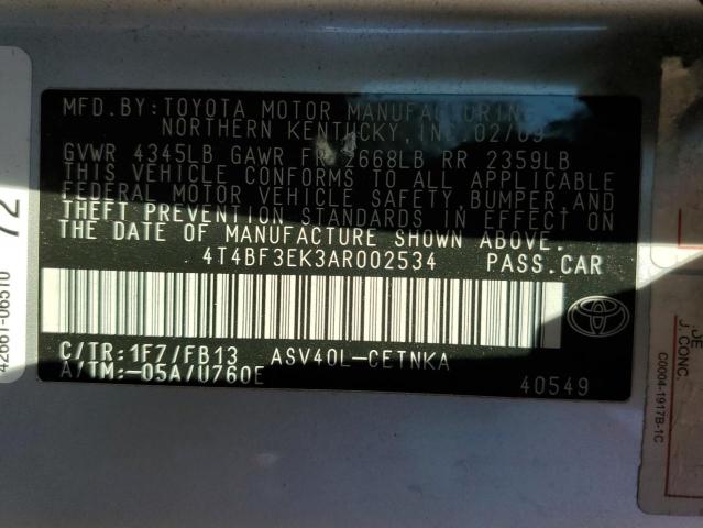 4T4BF3EK3AR002534 - 2010 TOYOTA CAMRY BASE SILVER photo 12