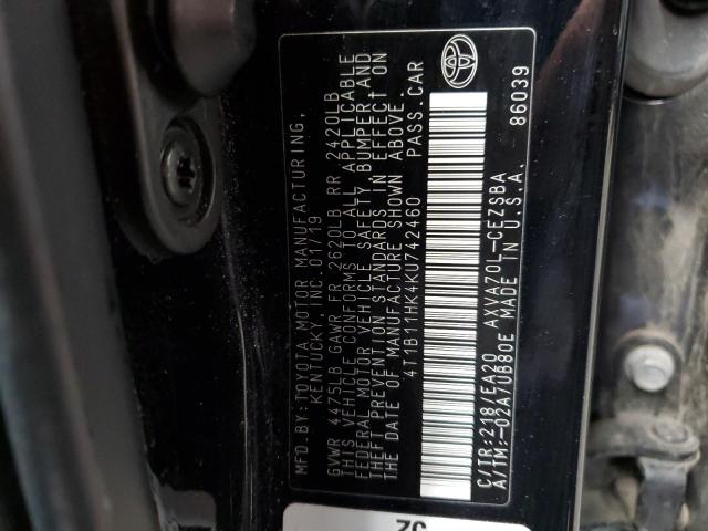 4T1B11HK4KU742460 - 2019 TOYOTA CAMRY L შავი ფოტო 12