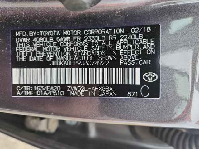 JTDKARFP9J3074922 - 2018 TOYOTA PRIUS PRIM GRAY photo 12