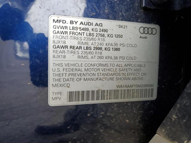 WA1AAAFY0M2095992 - 2021 AUDI Q5 PREMIUM BLUE photo 12